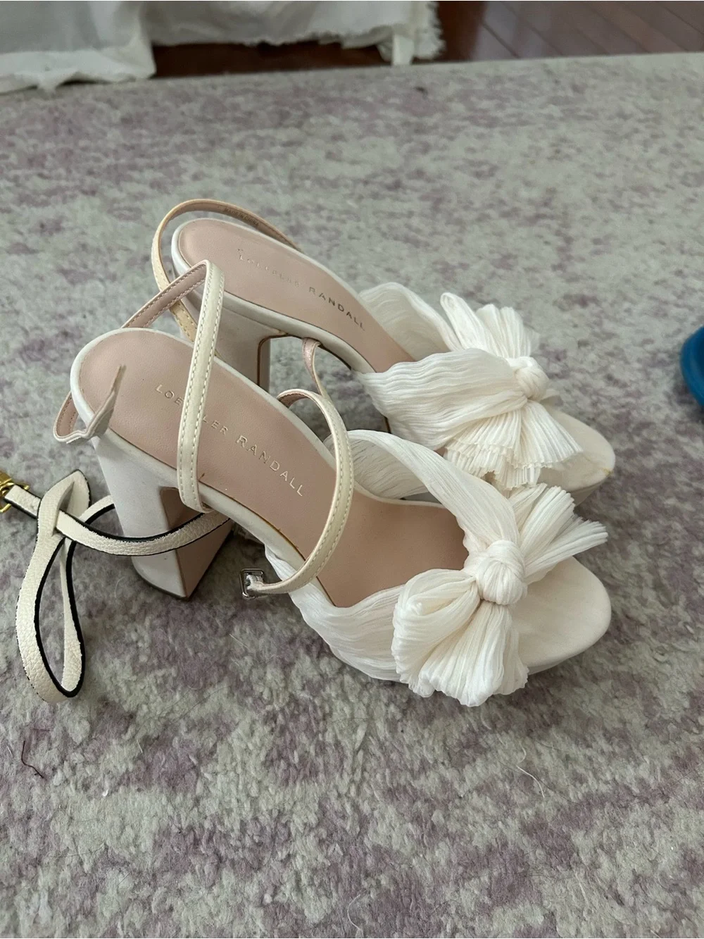 Loeffler Randall Cream Knotted Bow Block Heel Sandals